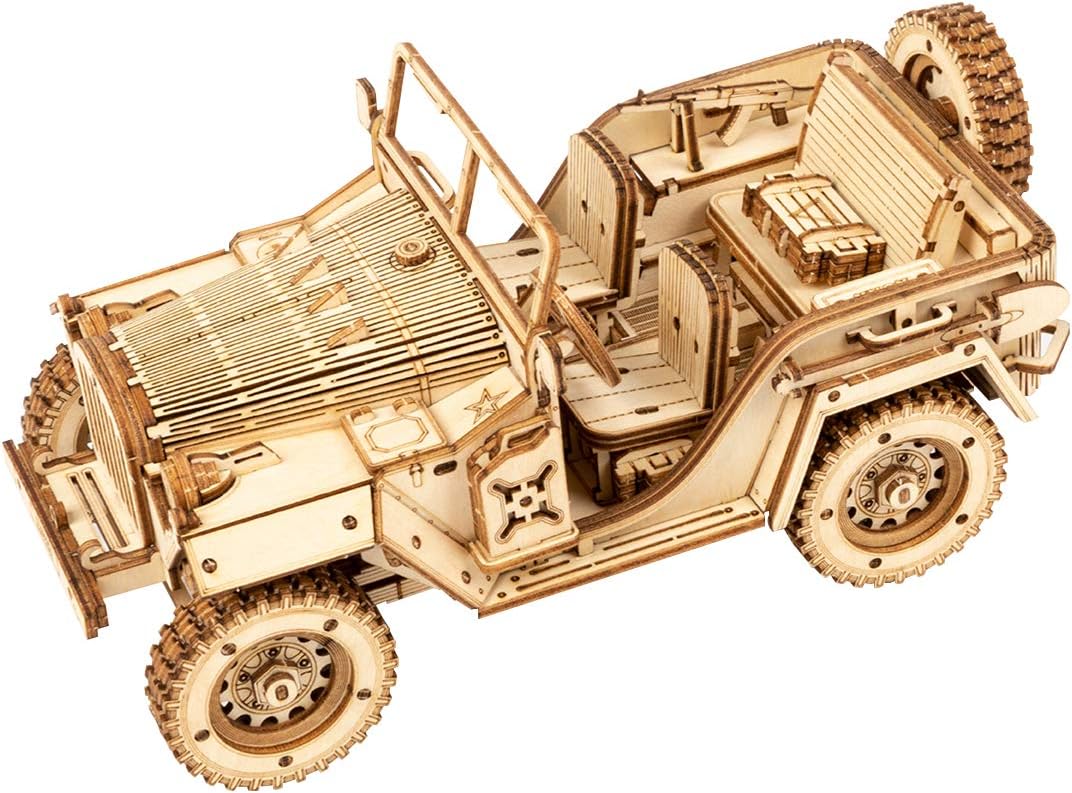 71spXmW5dL._AC_SL1200_.jpg Model car Kit to Build, 3D Wooden Puzzle for Adults & Teens, DIY Scale Mechanical Vehicle Model Craft Kits - Army SUV - Image 1